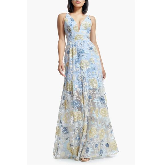 Dress The Population Samira Embellished Chiffon Gown Sky Multi Size Medium NWT - Picture 1 of 16